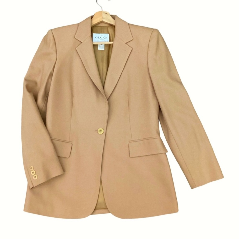 Oscar de la Renta Wool Gold Chain Detail Two Piece Pant Suit in Warm Tan Sz 4 - Picture 6 of 15